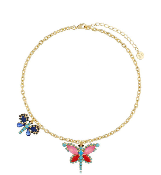 Pink and Blue Crystals Necklace Butterfly