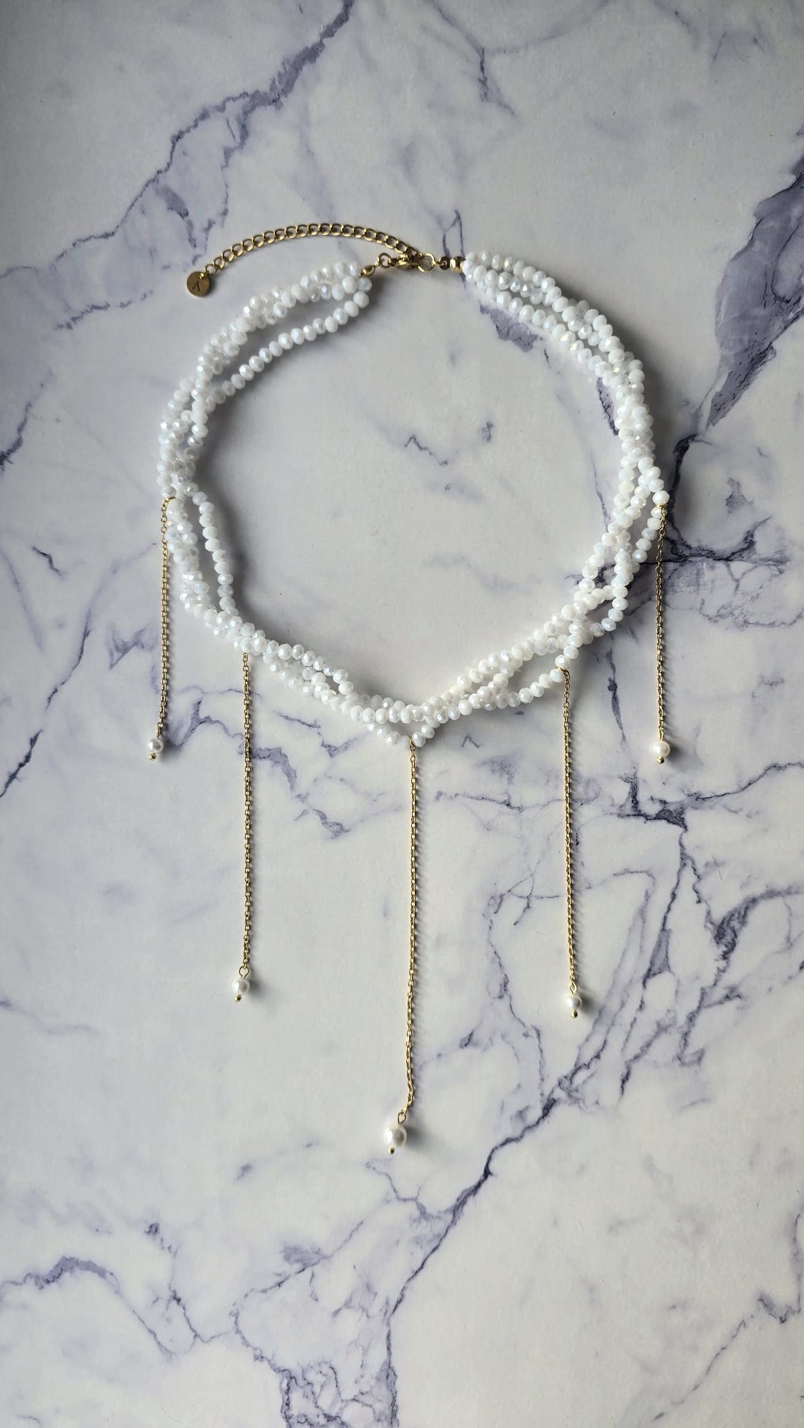 Triple Layer Glass Crystals Necklace with Chains & Pearls