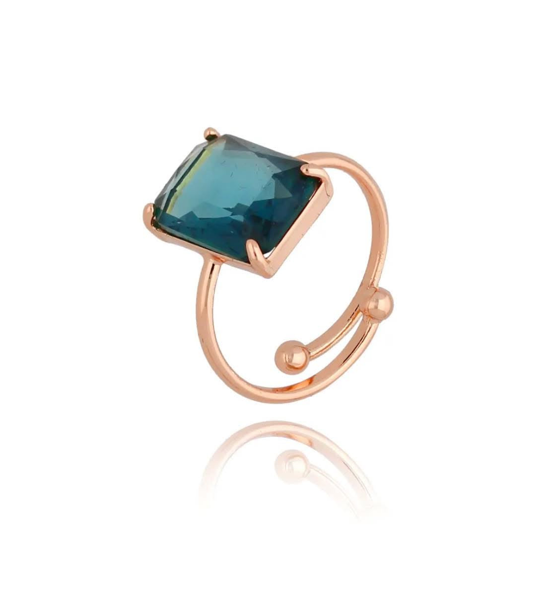 Rose Gold Rectangle Clear Green Self Adjustable Ring