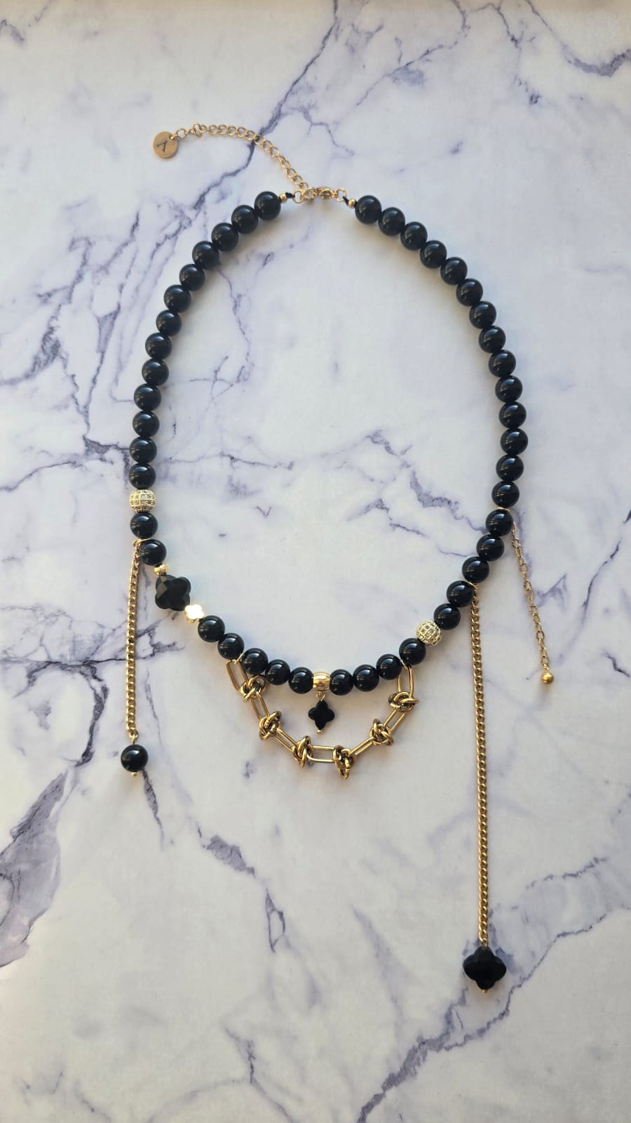 Gold Plated Statement Black Onyx Necklace with Clovers and Zirconium Balls