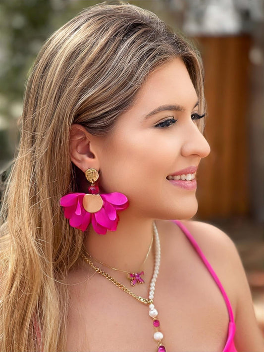 Satin Flower Earrings in Hot Pink with Old Gold Finishing