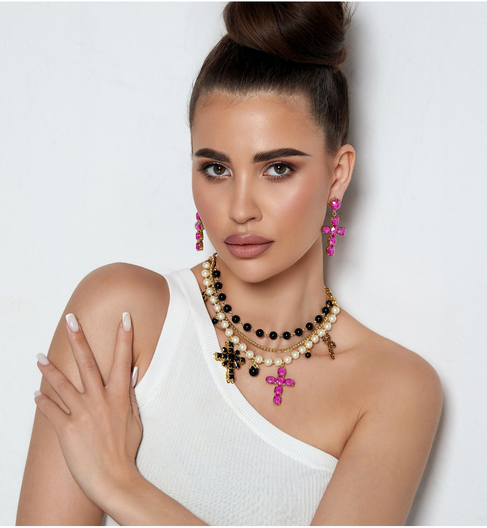 Fuchsia Crystals Cross Earrings Jolene