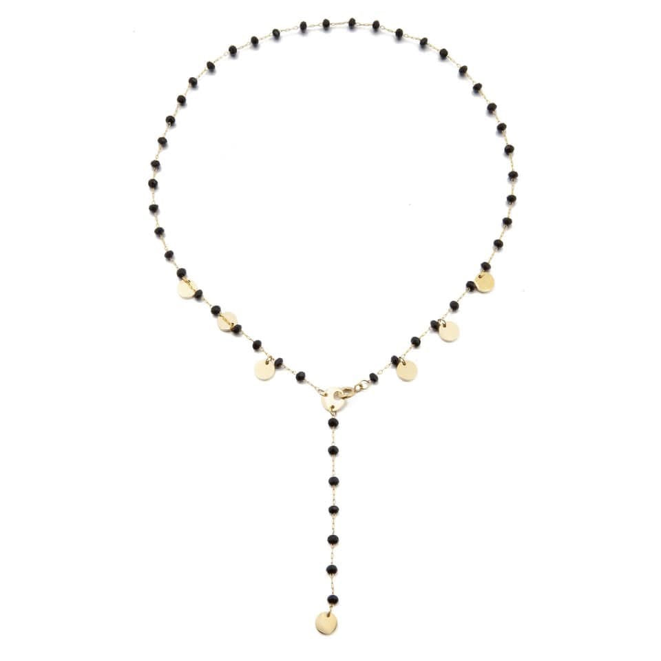 Gold Plated Y Necklace with Discs and Black Crystals