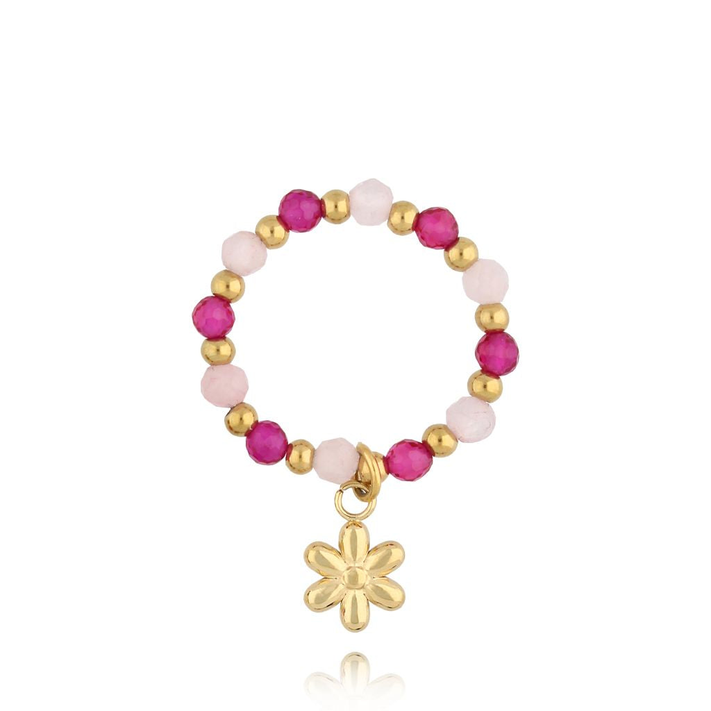 Elastic Pink Quartz Ring with Flower Pendant