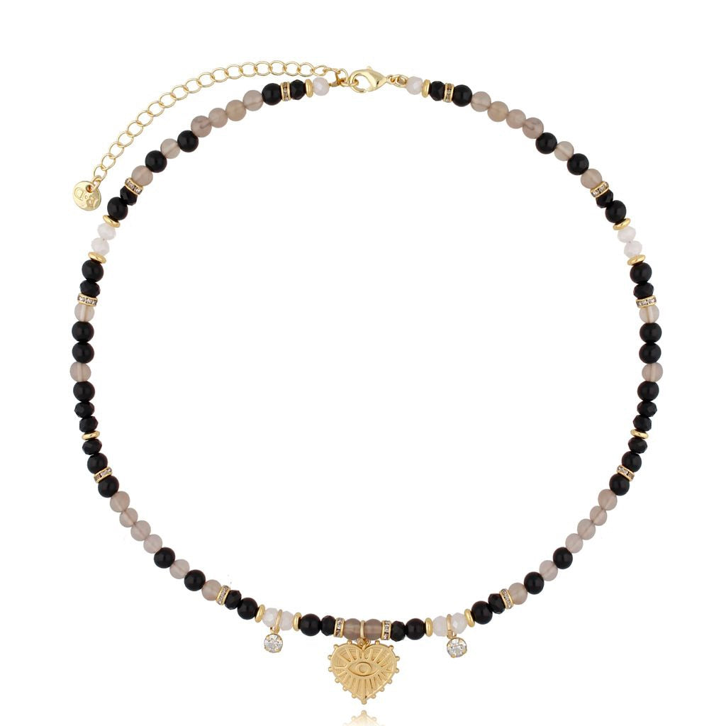 Black and Gray Necklace with Heart Evil Eye Pendant