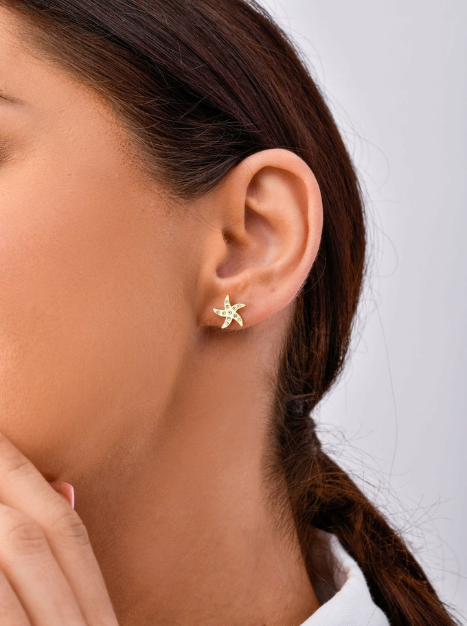 14k Gold Plated Crystal Starfish Stud Earrings