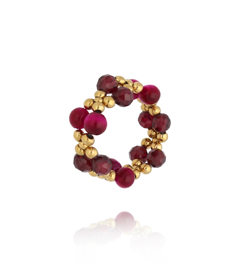 Gold Plated Burgundy and Pomegranate Stones Double Ring 0717