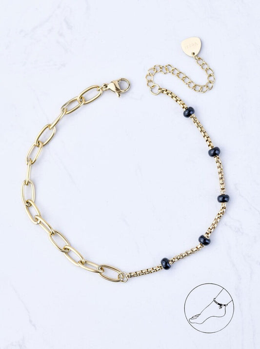Gold Plated Multi Chain Anklet with Black Beads