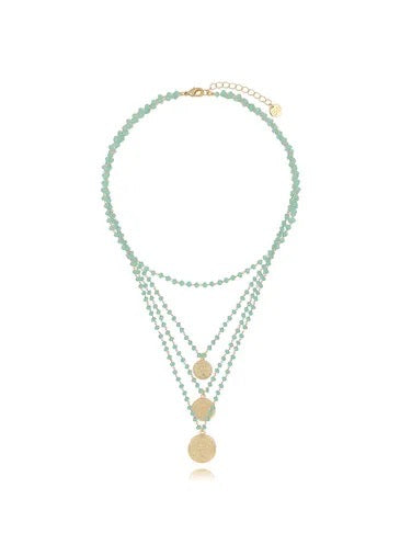 Mint Green Glass Crystals Waterfall Necklace with Gold Coins (CL)