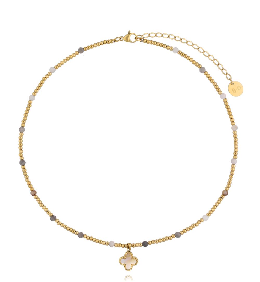 Gold Plated and Natural Stones Necklace with Pearl Clover