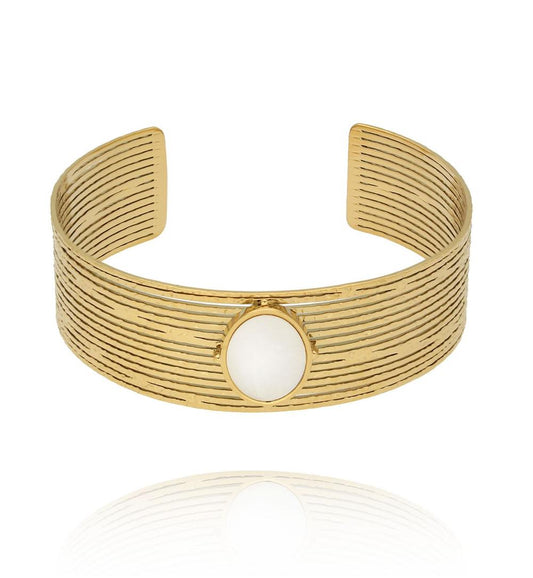 Gold Plated Earth Song Wide Cuff Bracelet with White Pearl