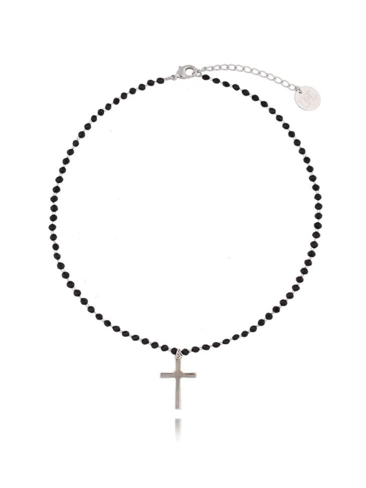 Black Crystals Necklace with Silver Cross