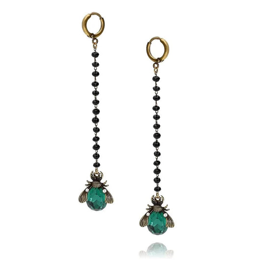 Long Black Crystal Earrings with Emerald Green Beetle Midnight