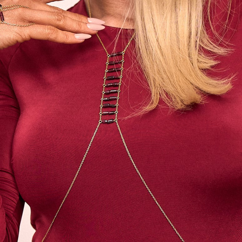 Glamour Gold Plated Burgundy Body Chain Necklace Temptation