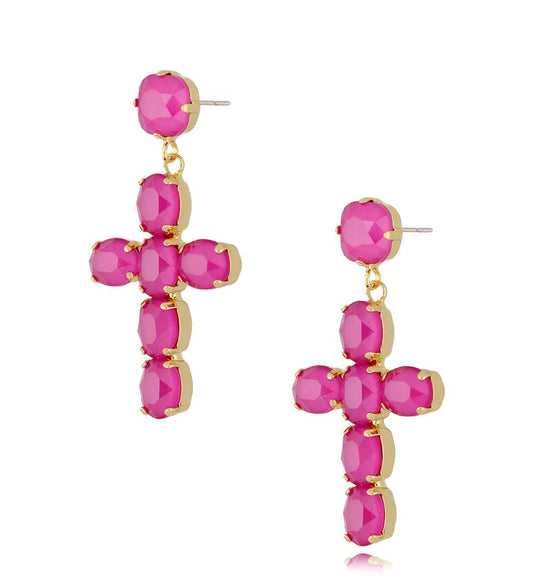 Fuchsia Crystals Cross Earrings Jolene