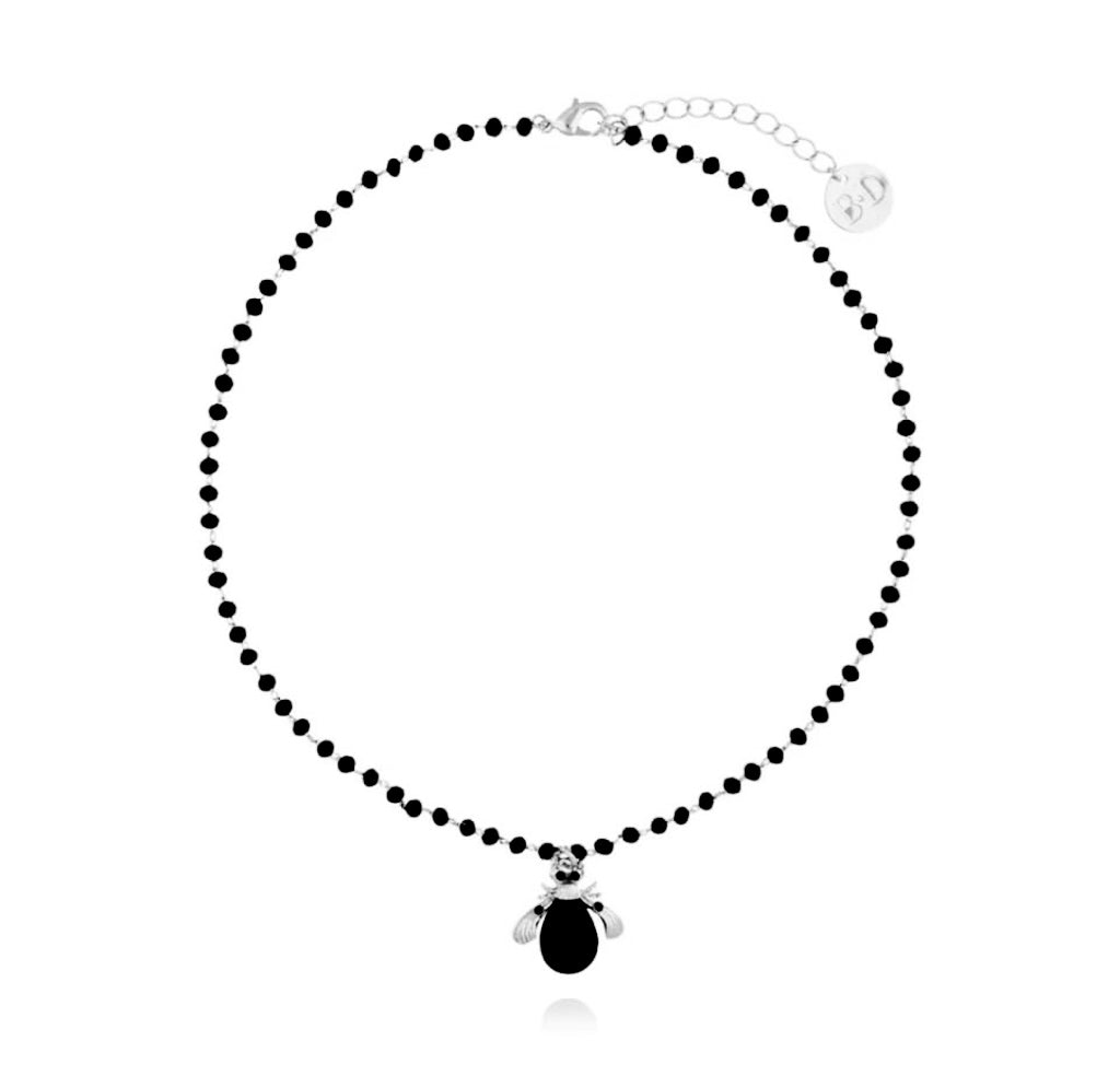 Black Agate Necklace with Black Beetle in Silver Finish