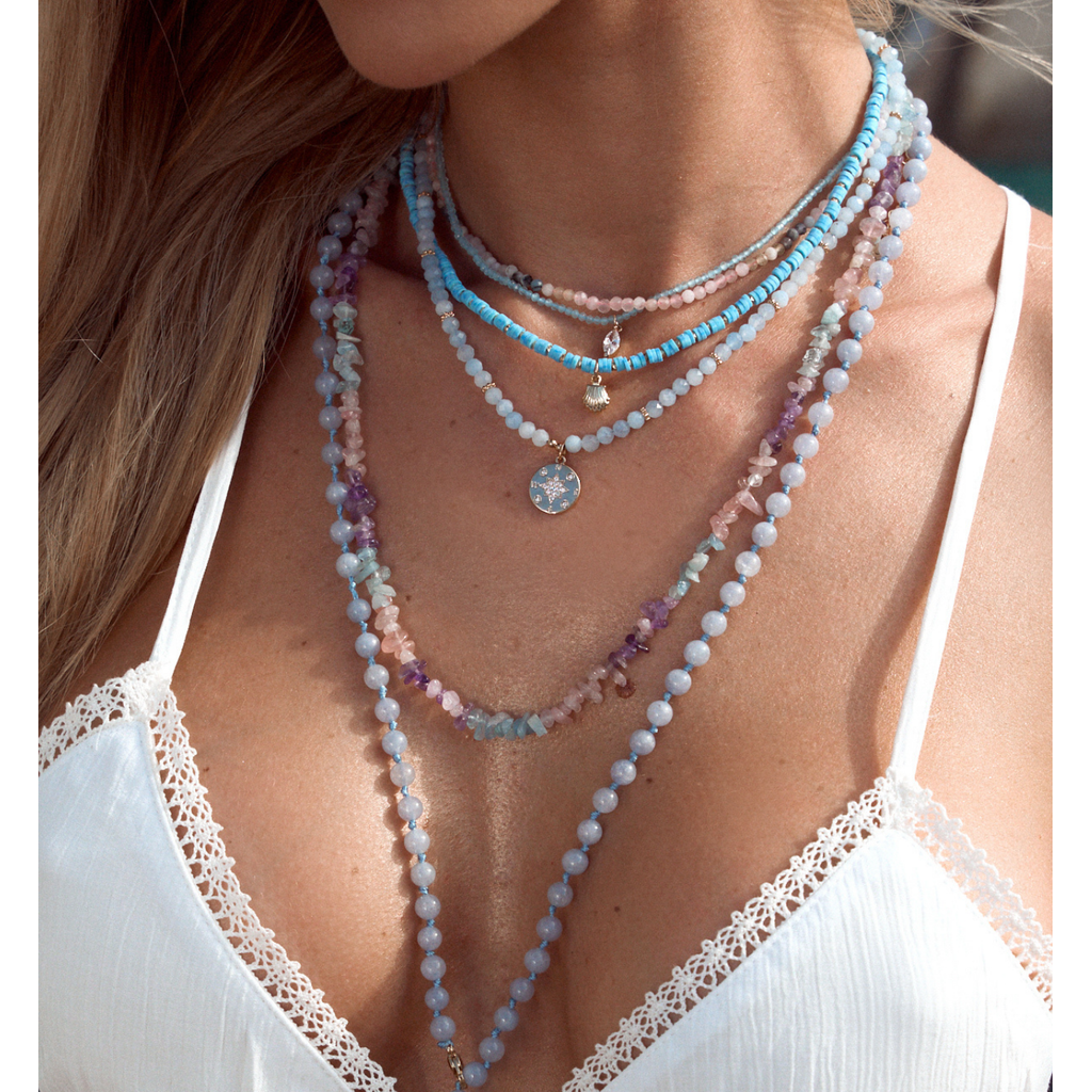 Sky Blue Necklace with Gold Shell