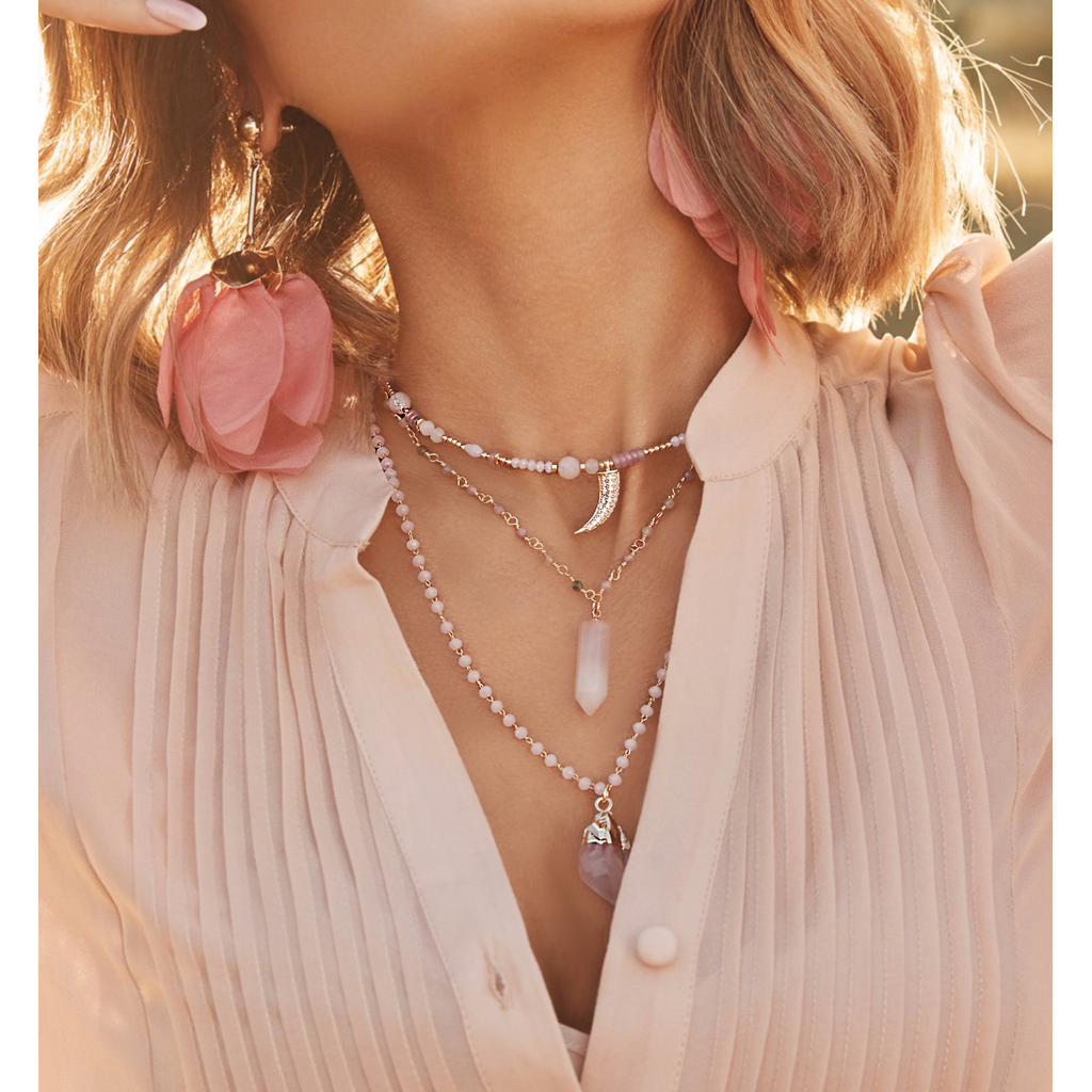 Pink Quartz and Turmaline Stones Necklace with Quartz Pendant
