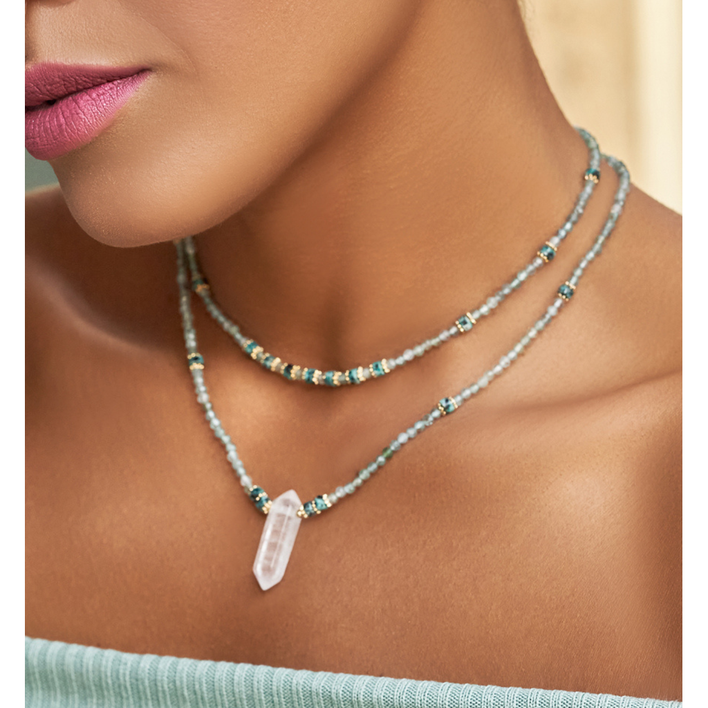 Green and Gray Apatite Stones Necklace with Crystal