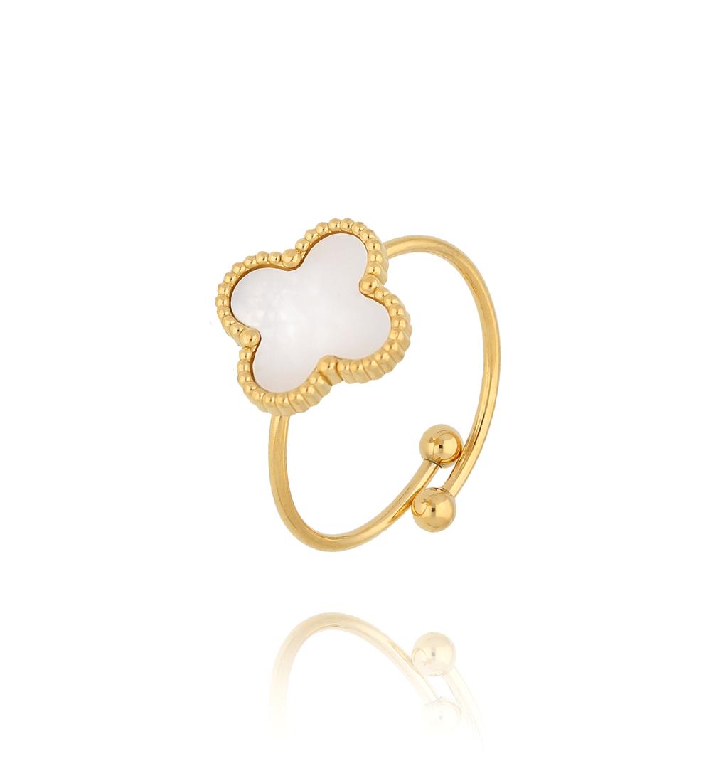 Gold Plated Simple Steel White Enamel Clover Ring