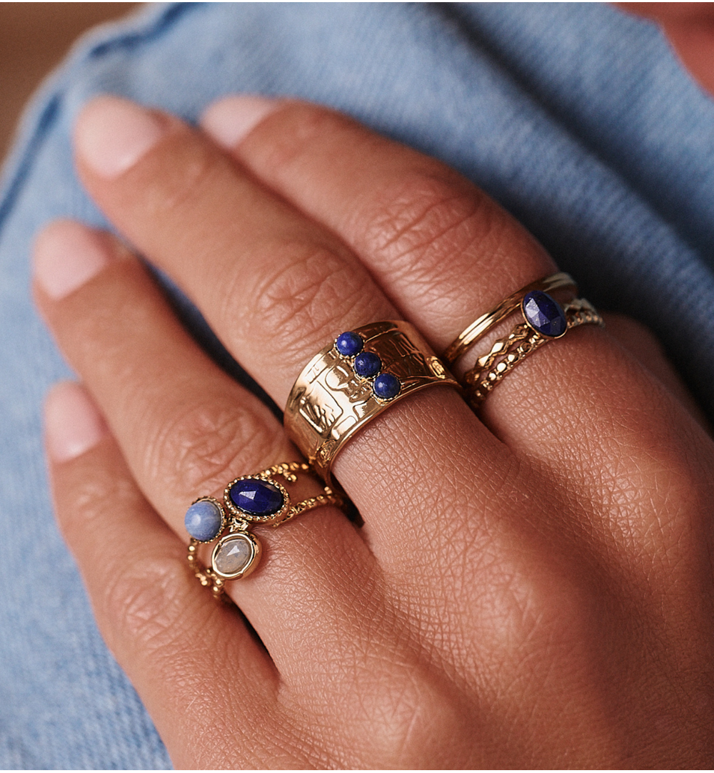 Gold Plated Adjustable Ring with Lapis Lazuli Stones 0090
