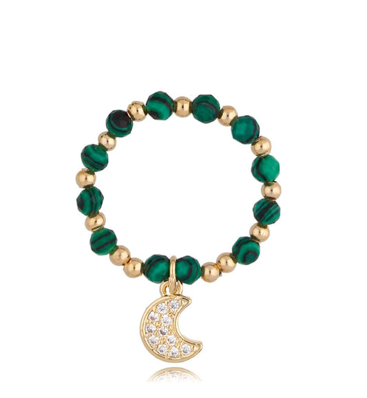 Malachite Stones Elastic Ring with Zirconium Moon Garden