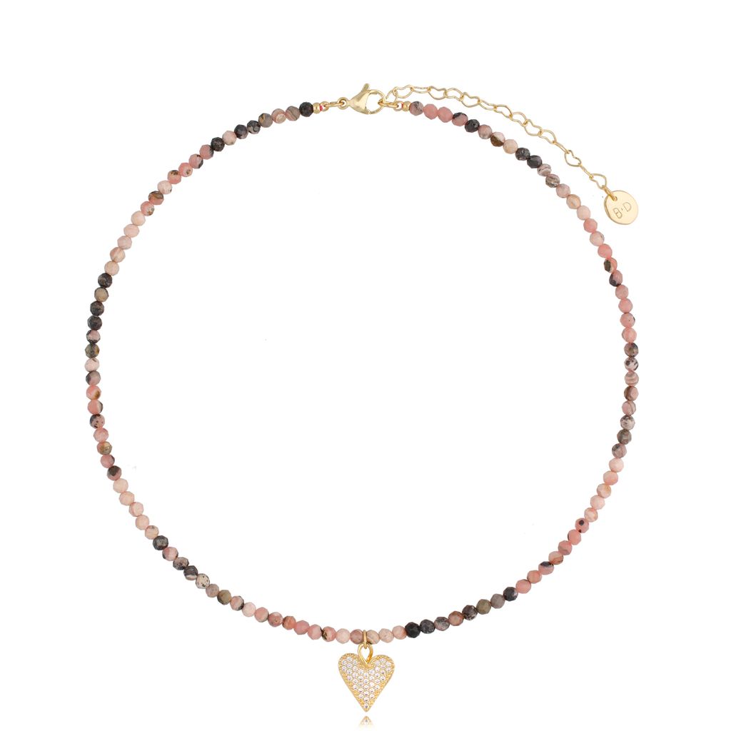 Pink and Gray Rhodochrosite Stones Necklace with Crystal Heart