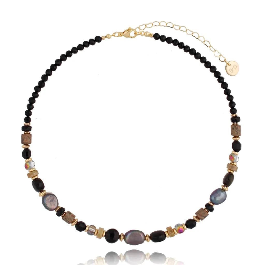 Onyx and Gray Pearl Natural Stones Necklace (cl)