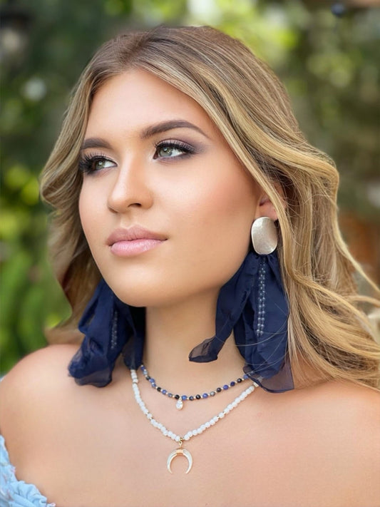 Navy with Silver Finishing Silk Blossom Earrings