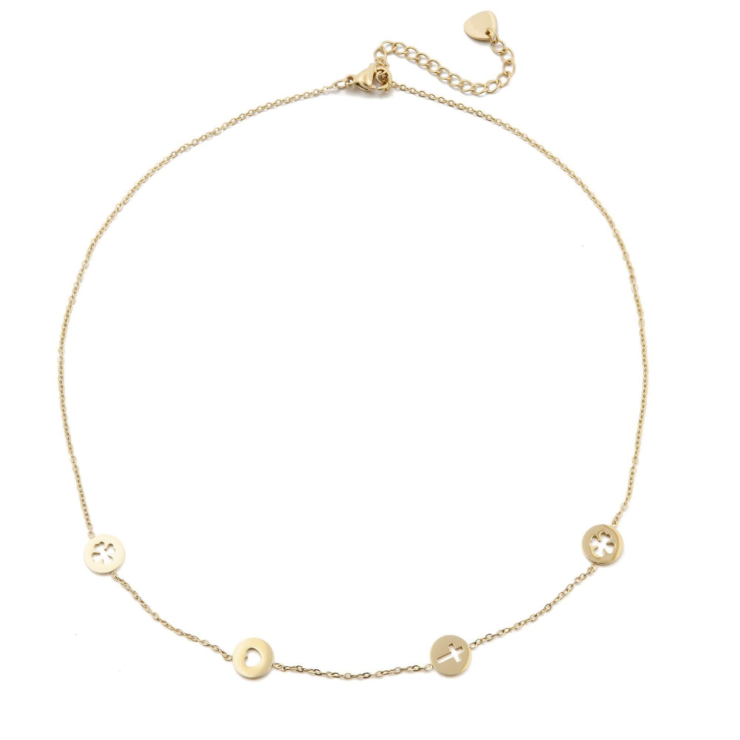 14k Gold Plated Necklace with Cross, Heart and Clovers (CL)