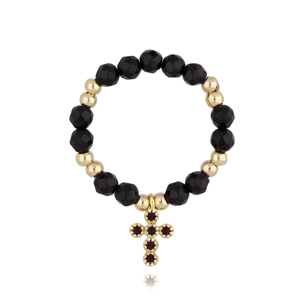 Black Onyx Ring with Crystals Cross