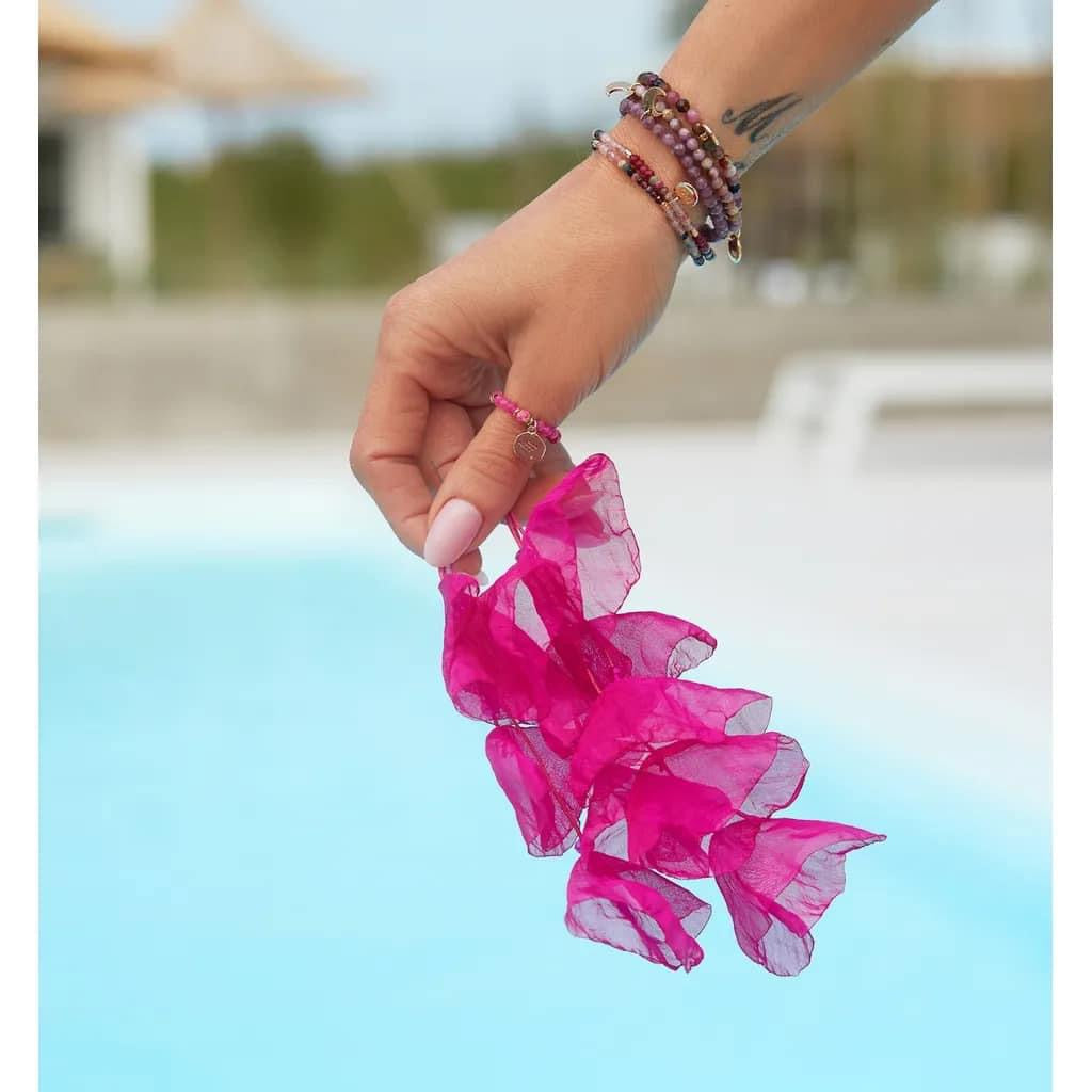 Pink Silk Flower Earrings with Gold Finish - 7,5 inch Long