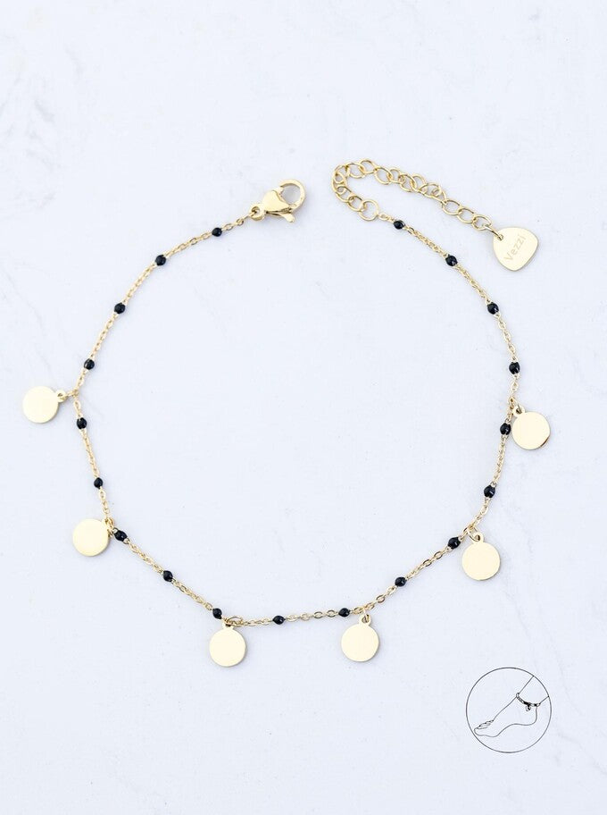 14k Gold Plated Anklet with Black Brads and Gold Flat Discs