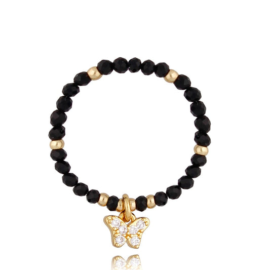 Elastic Black Faceted Agate Ring with Butterfly Pendant