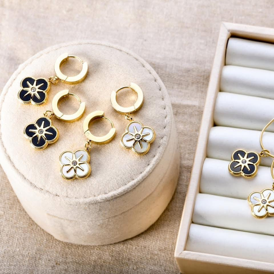 14k Gold Plated Black Enamel Clover Hoop Earrings