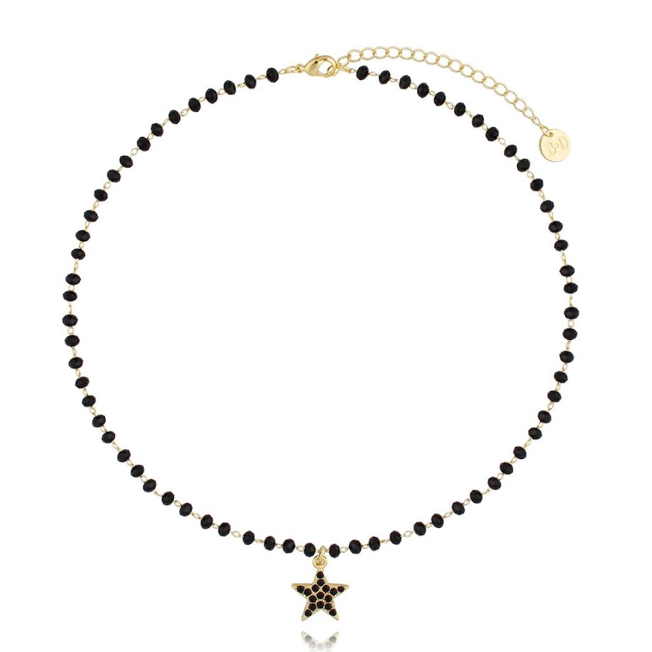 Black Agate Necklace with Black Crystals Star Pendant