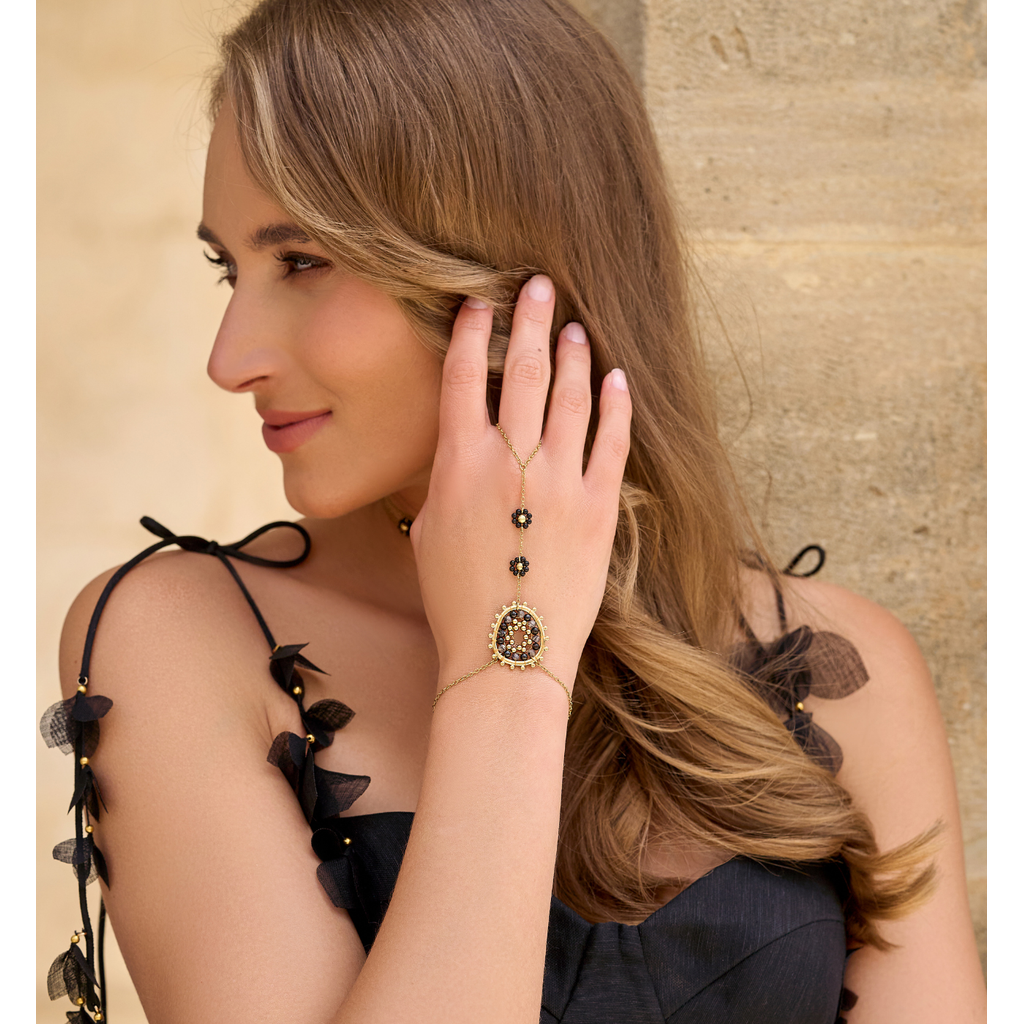 Black & Gray Miyuki Beads Flower Ring Bracelet