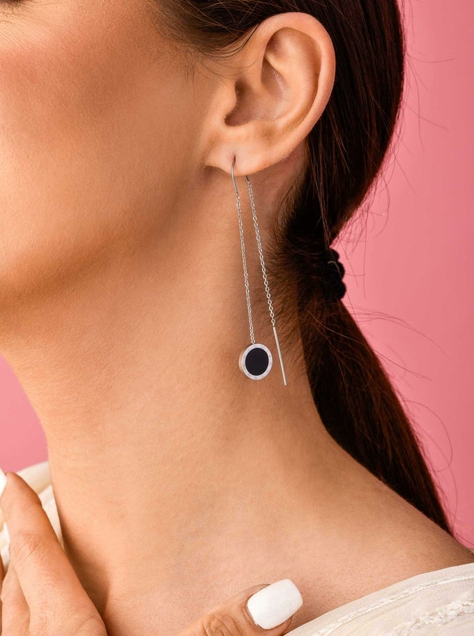Silver Gold Plated Threader Earrings with Black Enamel Circle