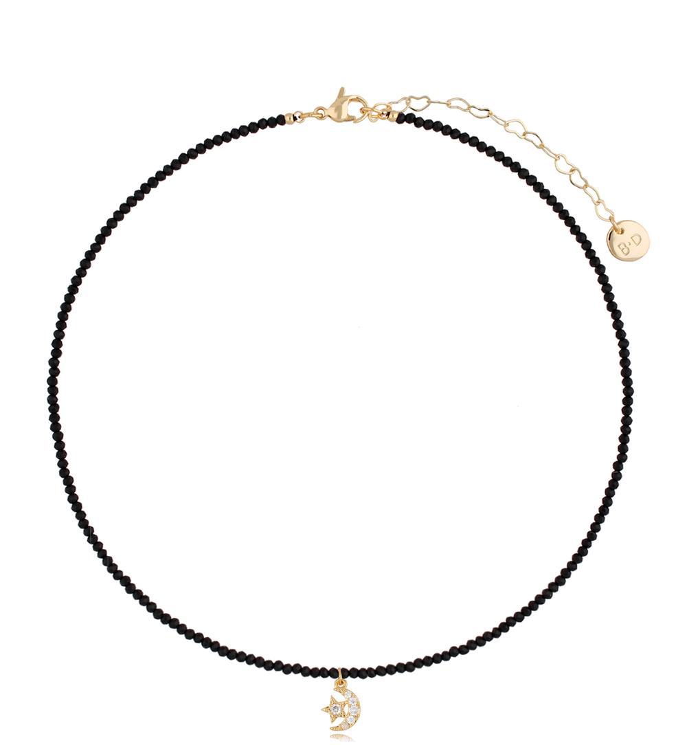 Black Agate Necklace with Crystal Moon & Star