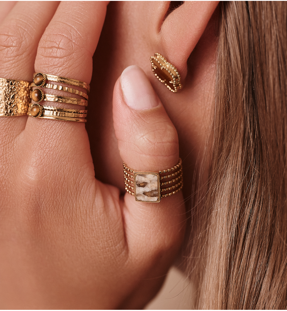 Gold Plated Rectangle Earth Natural Stone Ring 0081