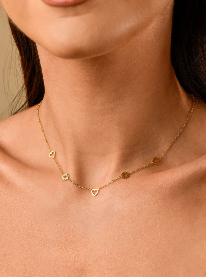 14k Gold Plated Necklace with Hearts & Flowers