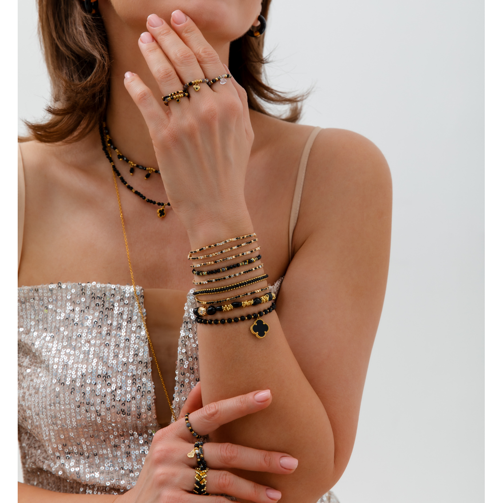 Black Agate Bracelet with Gold Spacers and Crystal
