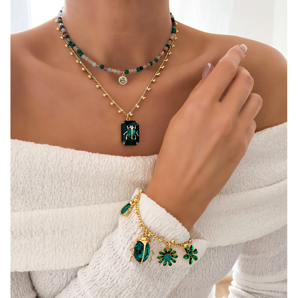 New! ~ Gold Necklace with Emerald Green Crystal and Green Beetle Siyo