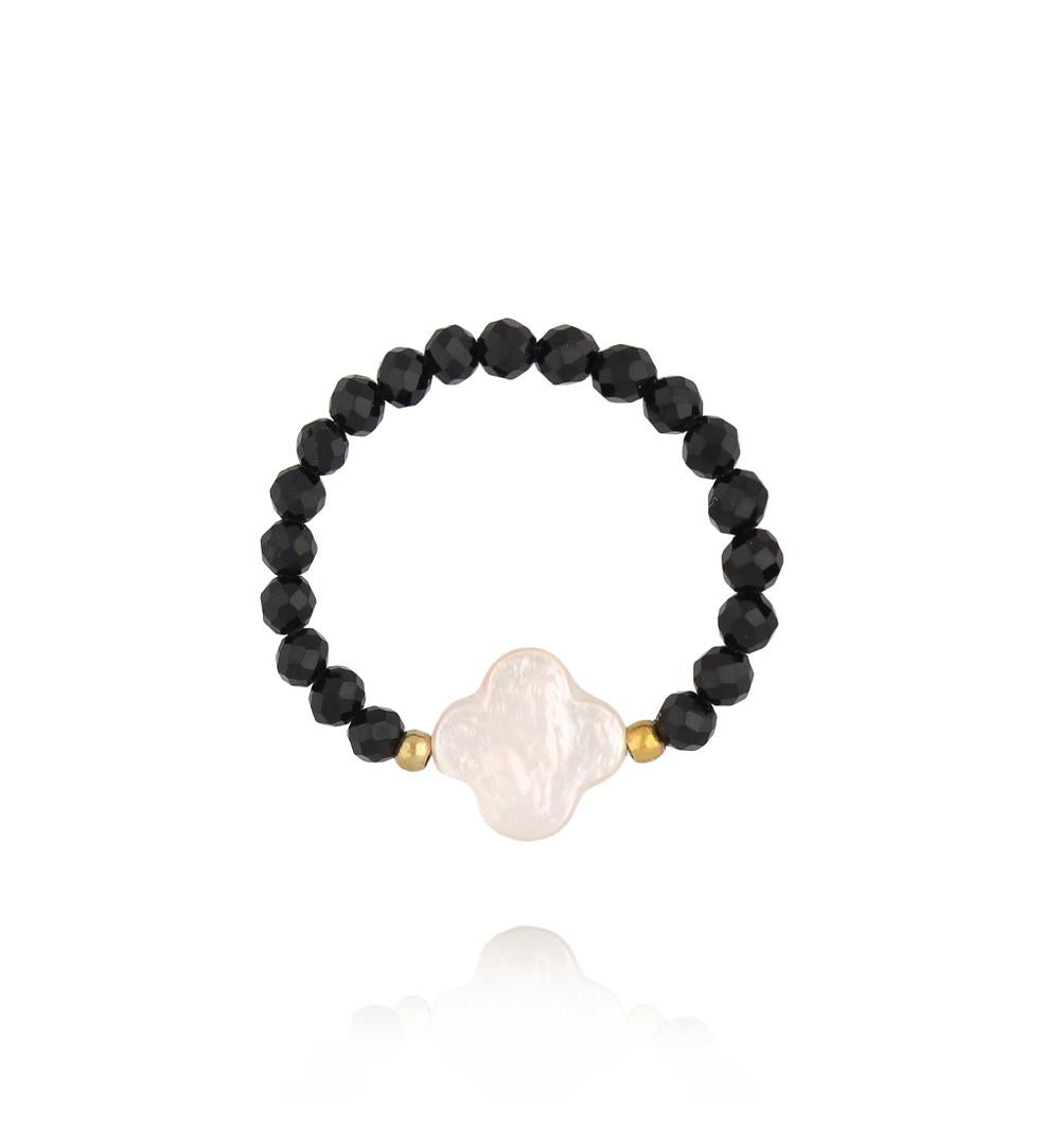 Black Tourmaline Stones Elastic Ring with Pearl Clover 0547