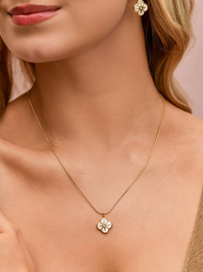 14k Gold Plated White Pearl Clover Necklace