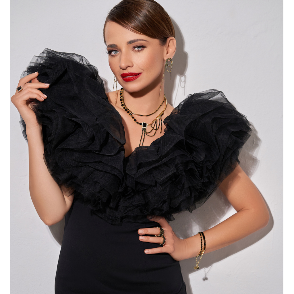 Glamour Black Crystals Fringe Necklace