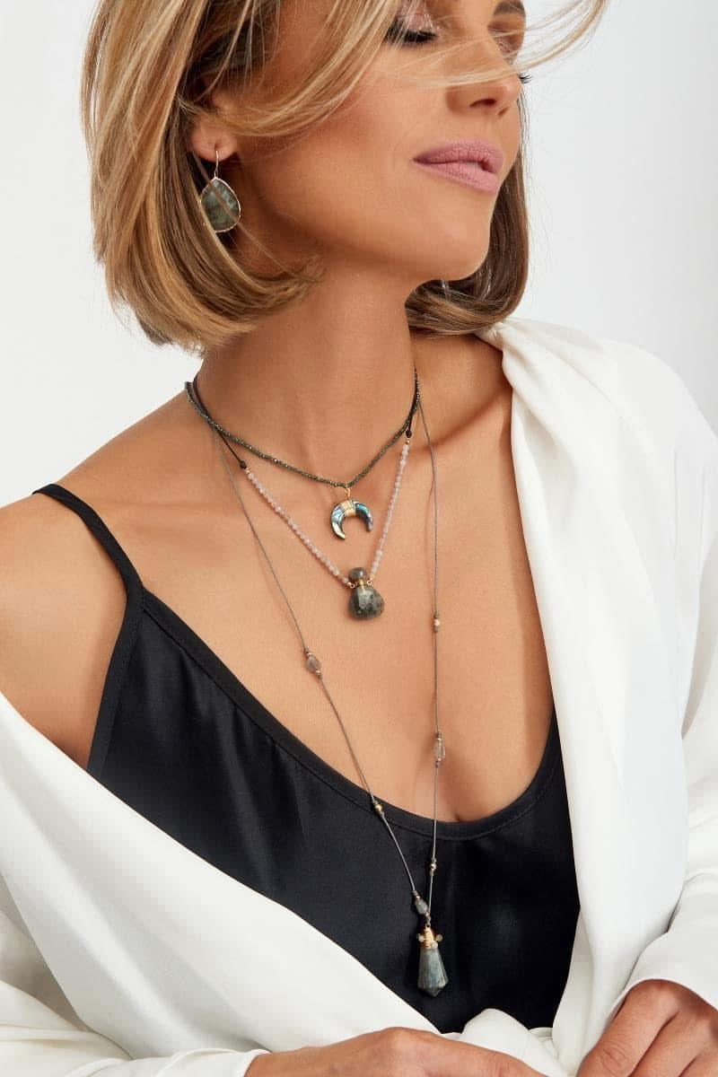 Smoky Green Crystals Necklace with Moon Pendant
