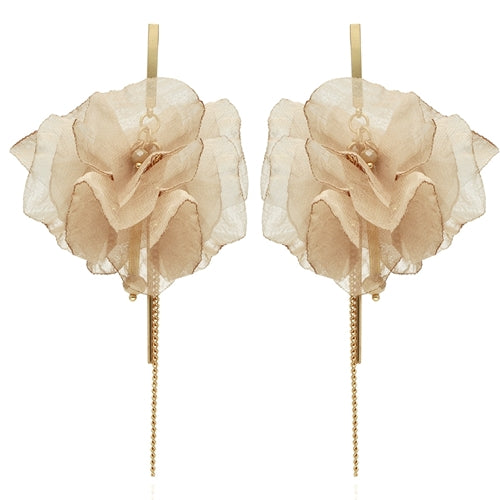 Beige Silk Flower Earrings with Gold Chains & Crystals