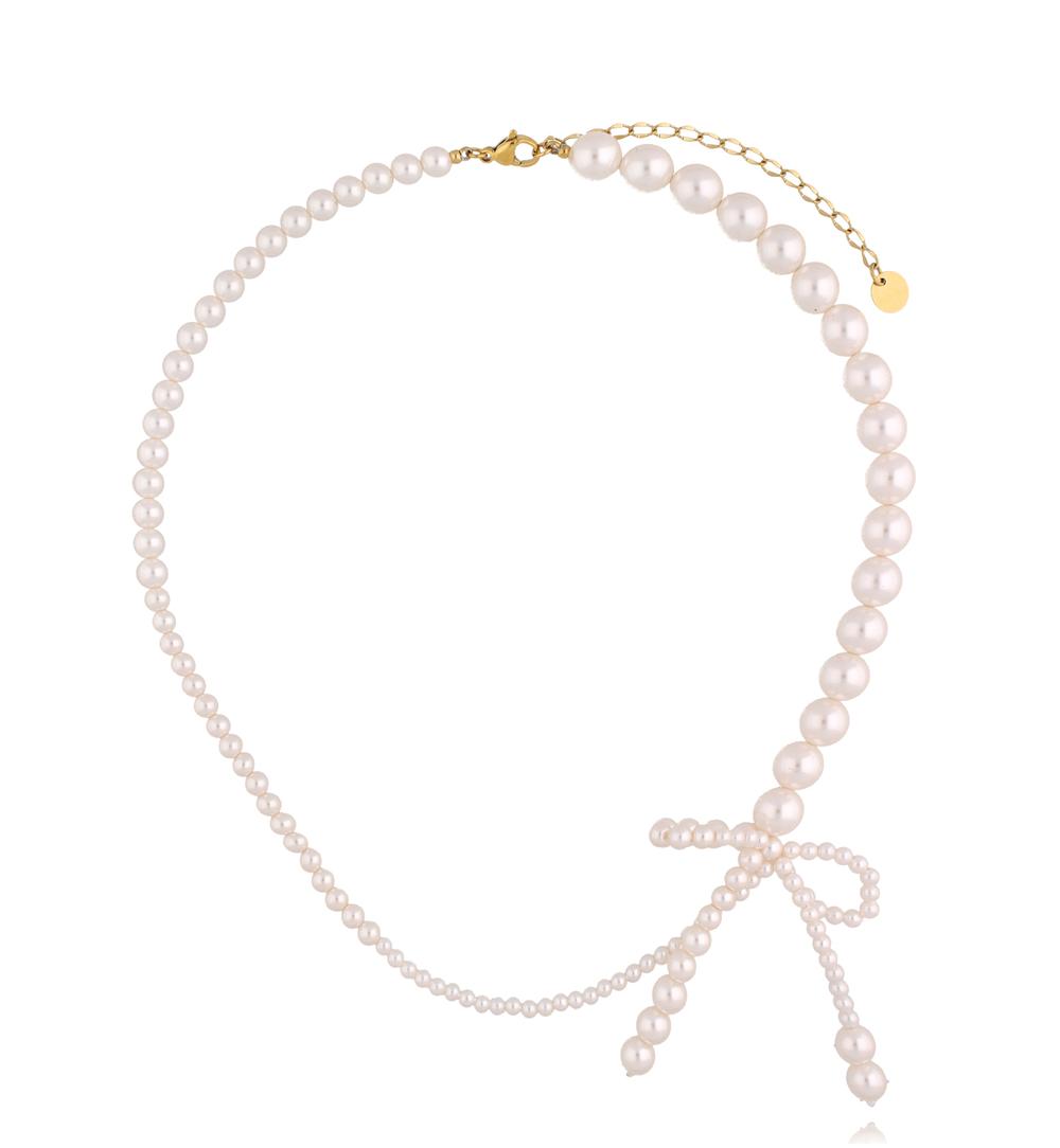 Multi Size Glass Pearls Necklace with Bow Pearls Sea 0274