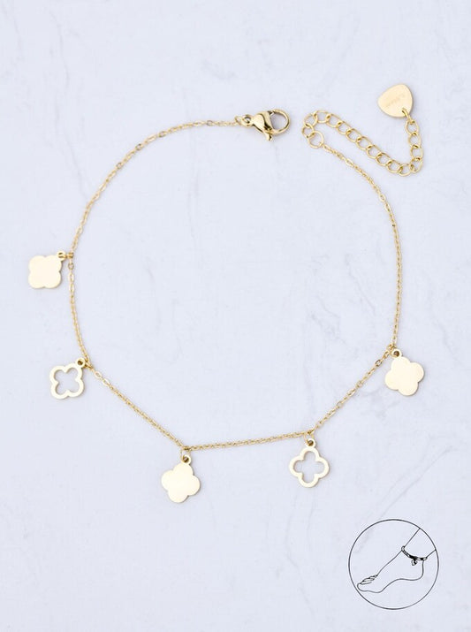 14k Gold Plated Anklet with Open and Flat Gold Clovers